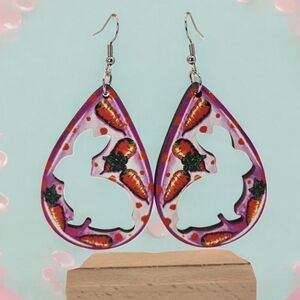 Wood Bunny Cutout With Carrot Print Teardrop Earrings